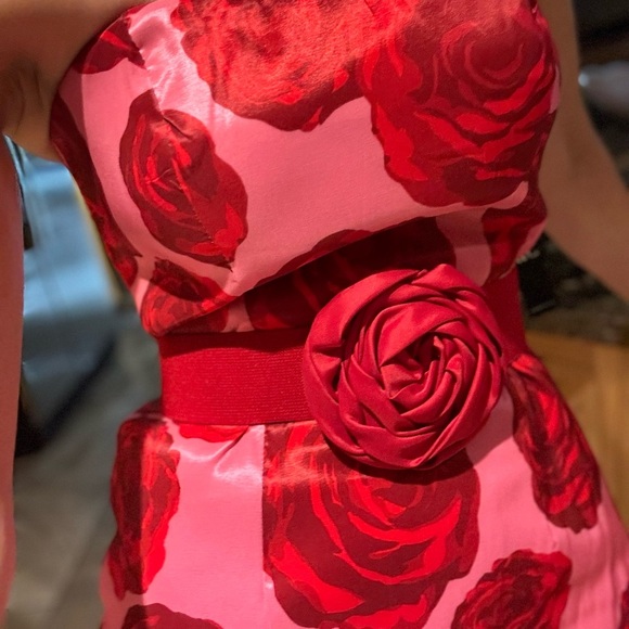 Strapless Red Rose Print Dress with Belt - Picture 9 of 10